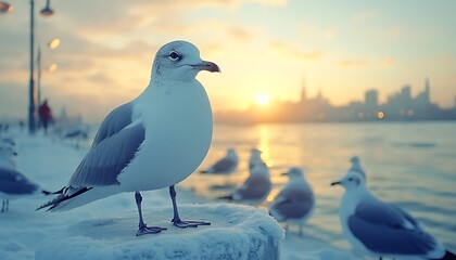 Snowy Seagull Sunrise Harbor