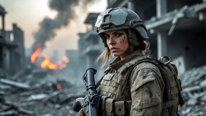 Obraz premium Urban Defender: Strong Female Soldier in a Ruined City