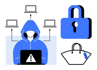 Hacker in hoodie using a laptop with warning sign, interconnected laptops, security lock, and handbag. Ideal for cyber security, online privacy, hacking, data protection, e-commerce online threats