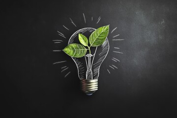 Sustainable energy symbol with leafy hand-drawn light bulb on chalkboard background, ideal for eco-conscious advertising campaigns and product packaging design.
