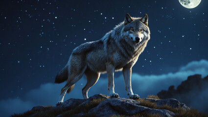 Alpha’s Reign: Majestic Wolf Under a Starlit Sky
