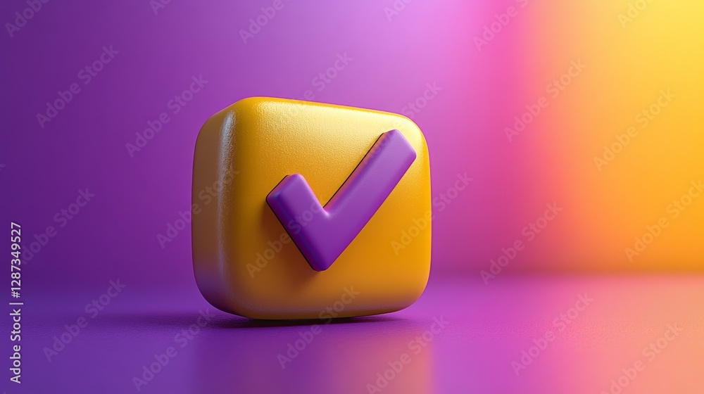 Poster yellow 3d checkmark icon on purple and orange gradient background, symbol of validation and approval