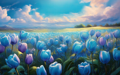 Tulip Flowers Field against the sky in painting style image, part 34