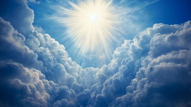 Sunlight breaking through soft, fluffy clouds in a bright blue sky Heavenly and serene atmosphere with glowing rays of light Concept of hope, peace, and inspiration for design and print
