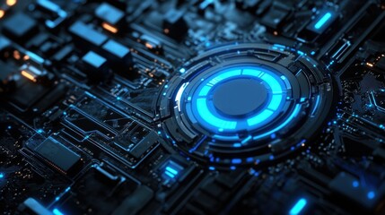 Fototapeta premium Glowing blue AI icon on a dark circuit board, symbolizing digital innovation and futuristic technology.