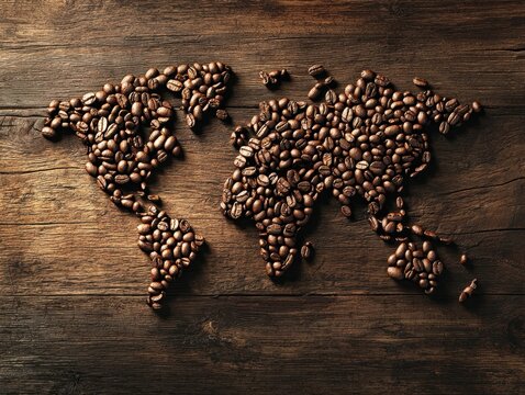 A creative arrangement of coffee beans forms a world map on a rustic wooden surface, highlighting the global appreciation for coffee.