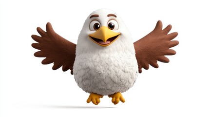 Obraz premium Cheerful Cartoon Eagle with Brown and White Plumage Spreads Wings Against White Background