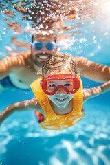 A father teaches his child how to swim safely in the pool. The child listens closely while floating with water wings