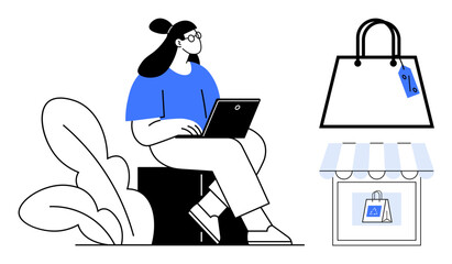 Young woman using laptop seated near plant, shopping bag with price tag and storefront. Ideal for online shopping, digital commerce, retail marketing, consumer behavior, e-commerce solutions