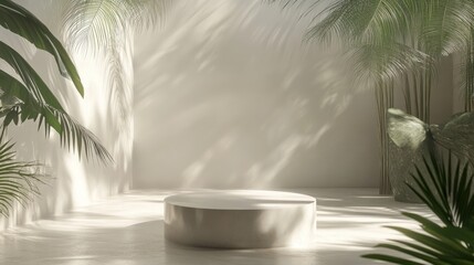 Obraz premium White podium in tropical setting with sunlight.