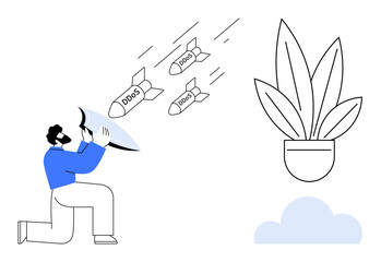 Person deflecting DDoS attack missiles using a shield, symbolizing protection of digital systems and data. Ideal for cybersecurity, network protection, IT defense, data security, cyber resilience