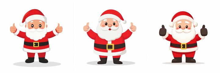 Three Cheerful Santa Claus Figures Giving Thumbs Up on White Background for Holiday Season
