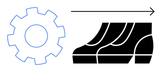 Blue gear and black conveyor belt with rightward arrow. Ideal for automation, workflow optimization, industrial process, manufacturing, productivity, mechanical engineering, innovation. Abstract line