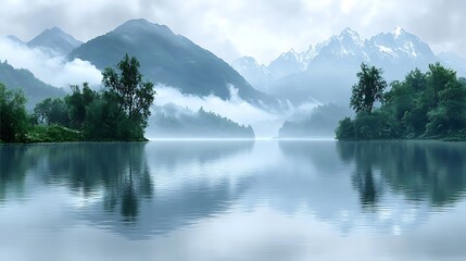Fototapeta premium Misty Mountains Lake Reflection