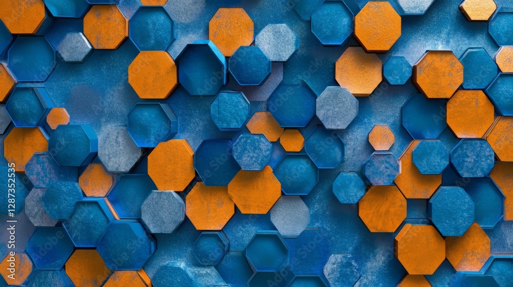 Poster blue and orange hexagonal pattern background with 3d rendering effect, featuring high-tech geometric