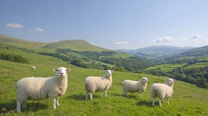 Fototapeta premium Sheep graze hillside, valley vista, summer. Pastoral scene for calendars