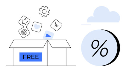 Open box labeled FREE with floating icons including a star, heart, gear, globe, shopping cart, paper plane. Percentage symbol inside a circle. Ideal for marketing, e-commerce, promotions, discounts