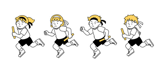 リレー・徒競走・かけっこのベクターイラスト素材セット シンプル かわいい 小学生 男子 女子