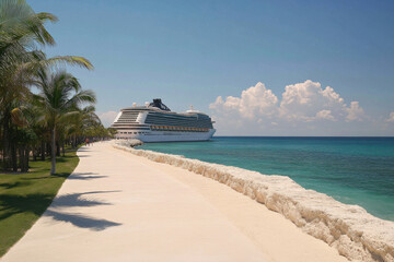 Fototapeta premium A large cruise ship is docked at a beach