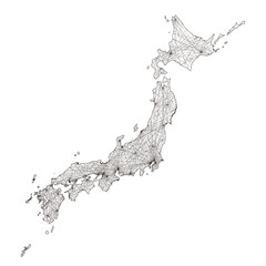 Obraz premium ネットワークのイメージの日本地図、日本列島の地図 通信、インフラ、物流イメージ ブルー 線画白背景