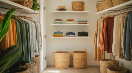 A stylish, organized closet featuring neatly arranged clothes on hangers and shelves, complemented by woven baskets for storage.