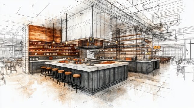 Sketch of an open restaurant kitchen and dining area
