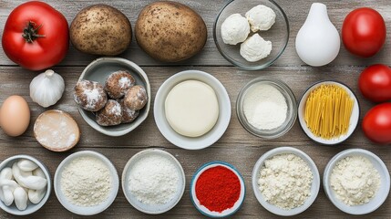 Rustic kitchen table, pizza ingredients, overhead shot, food preparation, recipe