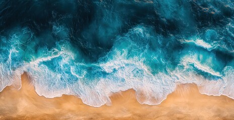 Aerial View of Ocean Waves Crashing on Sandy Beach: Turquoise Waters and Golden Sands
