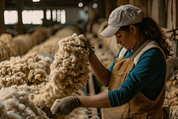 Woman Worker Sorting Brown Fibers in an Alpaca Wool Production in Peru Selective Focus