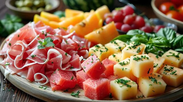 traditional italian meal closeup. Cubes of melon and prosciutto lying on top of melon