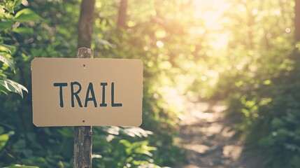 Vintage Tinted Cardboard Trail Sign in Lush Green Forest Setting