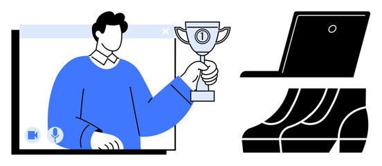 Person holding trophy on screen during online meeting with laptop and chairs. Ideal for remote work, online events, digital celebration, virtual success, achievement, team recognition, motivation