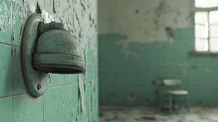 Abandoned hospital shower fixture, peeling paint, decay