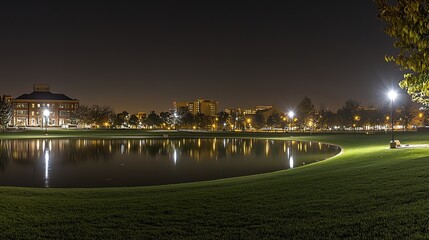 Nighttime campus pond reflection, city skyline