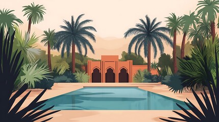 Fototapeta premium Oasis Poolside Architecture Amidst Lush Palm Trees