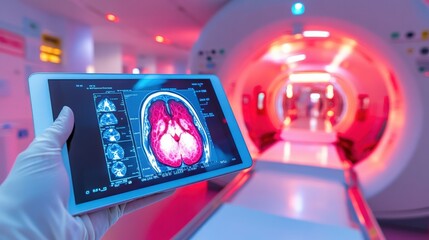 A healthcare professional holding a tablet with detailed brain scan results in a brightly lit medical imaging room