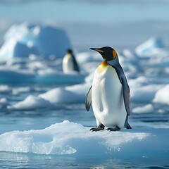 Fototapeta premium Majestic Emperor Penguin Standing Tall on Iceberg in Antarctica's Frozen Wilderness Beauty