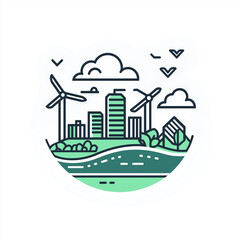 Obraz premium EcoFriendly Cityscape Wind Turbines Green Buildings and Birds