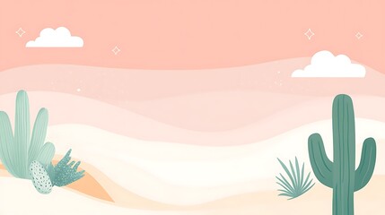 Pastel Desert Landscape Featuring Cacti and Clouds