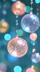 Obraz premium Close-up of Spherical Glass Ornaments with Reflective Beads and Frosted Surface Against Blurred Bokeh Background