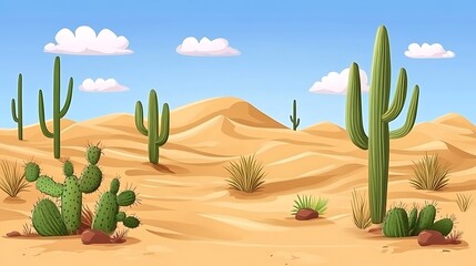 Desert Landscape Featuring Cacti and Sand Dunes Under a Blue Sky