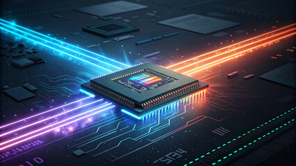 Futuristic AI Chip with Neon Lights, Digital Explosion, and Advanced Computing