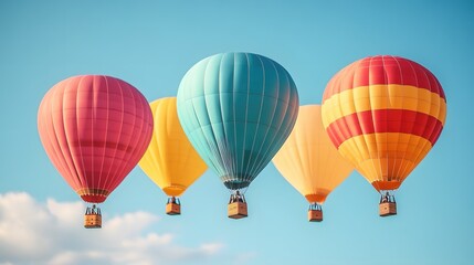 Fototapeta premium Colorful hot air balloons floating in a bright blue sky on a beautiful sunny day adventure