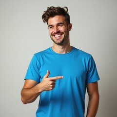 A young man with a bright smile, pointing his right hand toward the left.