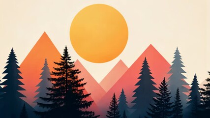 Surreal Landscape with Geometric Mountain Shapes and Bright Sun Featuring Silhouetted Pine Trees, Abstract Nature Art, Dreamy Scenery, Sunset Colors, Conceptual Design, Tranquil Atmosphere - Powered by Adobe