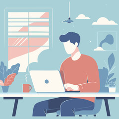 Illustration of a man works with a laptop on a simple table, flat design, pastel color, clean line.