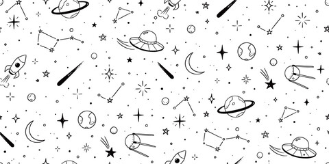 Space star vector seamless pattern. Hand drawn doodle sketch line style galaxy planet star, rocket, moon cute kid seamless pattern. Space planet kid doodle background. Vector illustration