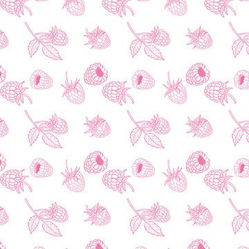 Seamless pattern with raspberries line art style. Great for packaging design and wallpapers. 