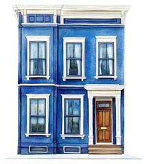 Fototapeta premium PNG Vintage blue town house architecture illustration watercolor.