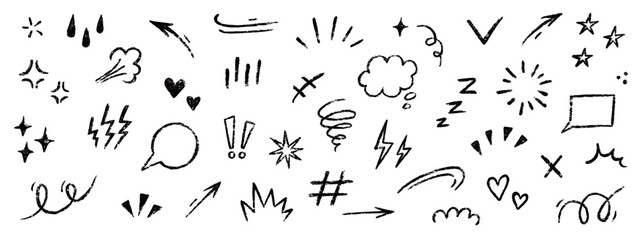 Line movement comic element, cartoon emotion mark effect decoration icon. Hand drawn cute doodle line element arrow, heart, speech bubble. Anime movement, express shape. Vector illustration © Polina Tomtosova